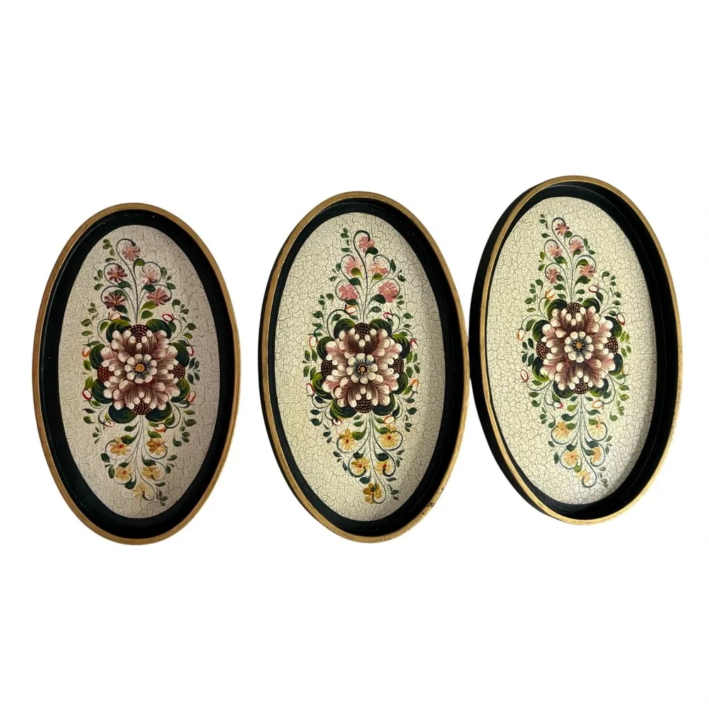 Vintage Floral Hand Painted Nesting Trays Set of 3 Oval Black Gold Crackle Folk